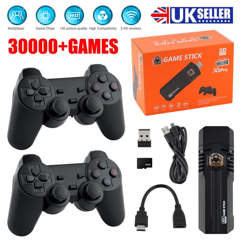4K HDMI Wireless TV Game Stick Console Built-in 30000+Retro Games&2 Gamepad 64G_