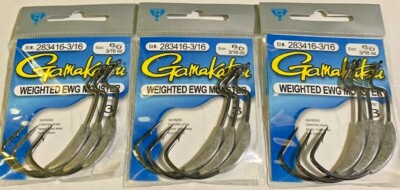 3 PACKS Gamakatsu Monster EWG Weighted Hooks  283416-3/16  6/0  9 Rigs Total