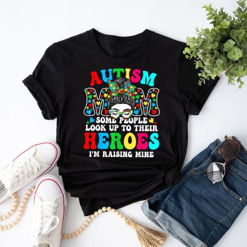 Autism Mom Raising Hero Groovy Messy Bun Autism Awareness T-Shirt