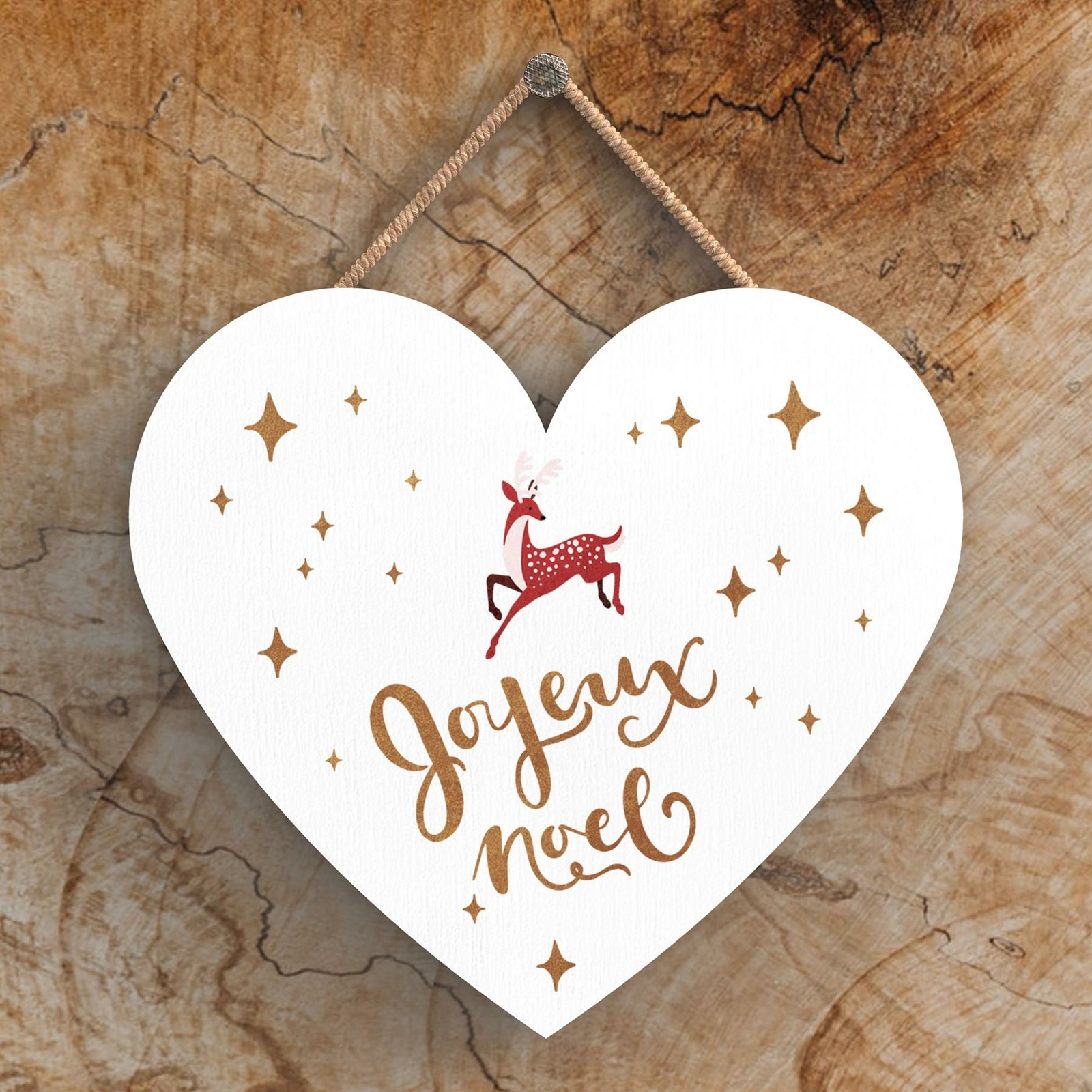 JOYEUX NOEL REINDEER TYPOGRAPHY ON A HEART SHAPED WOODEN HANGING PLAQUE