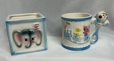 2 Vintage Rubens Kitschy Baby Nursery Planters Cup with Rattle & Animal Block