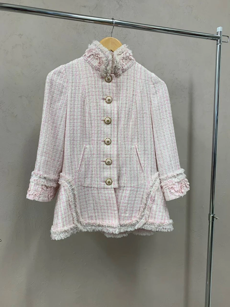 Chanel Light Pink White Tweed Fringe Jacket Sz FR 40 IT 44 US 8 UK AU 12