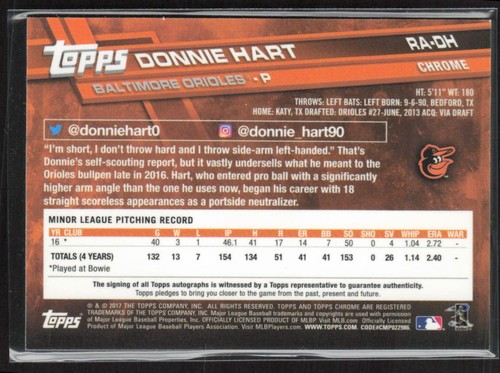 2017 Topps Chrome #RA-DH Donnie Hart Rookie Autografi - Foto 2 di 2