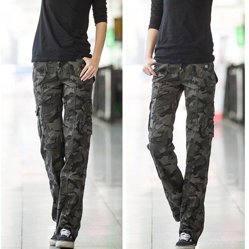 Pantalone cargo donna mimetico gamba dritta esercito tasca militare campeggio - Foto 6 di 9