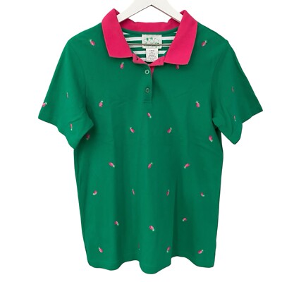 The Quacker Factory Embroidered Pineapple Polo Shirt Women s Size Large - Cotton
