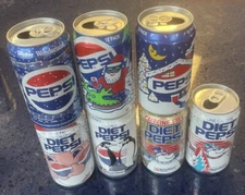 Lot Of 7 PEPSI Holiday CANS Vintage 1990 Opened Diet Pepsi Santa Snowman Penguin