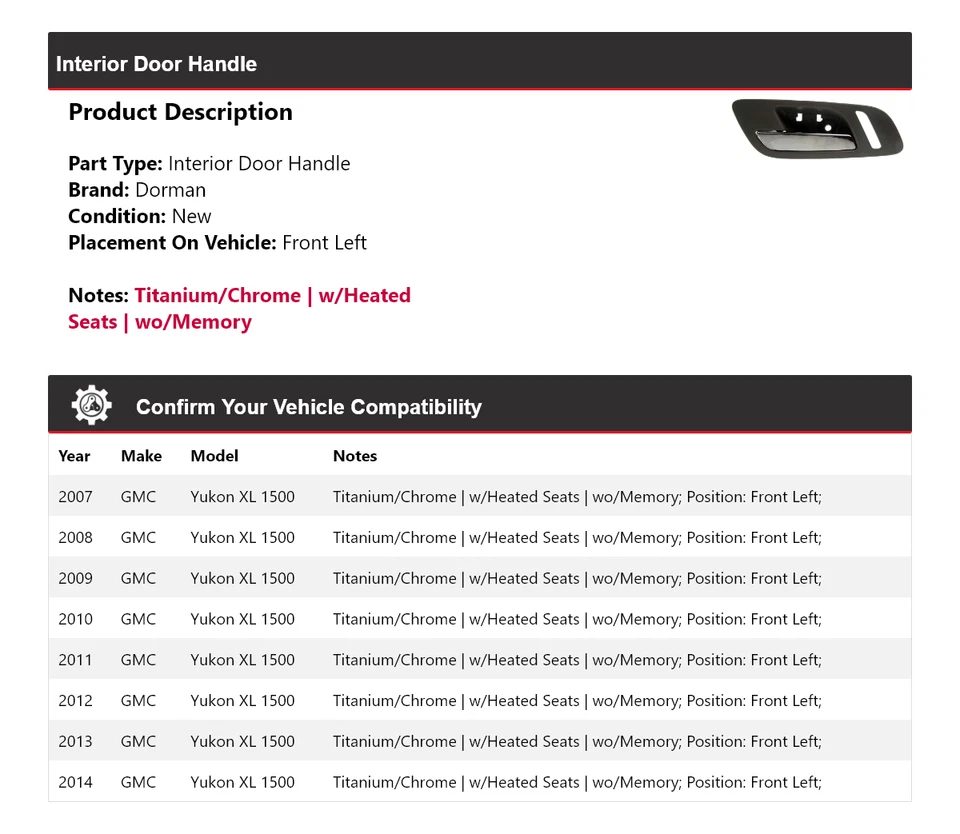 Manija de puerta interior delantera izquierda 2008 2009 para GMC Yukon XL 1500 2007-2014 Dorman Foto 2 de 4