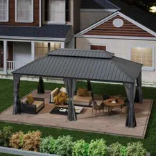 Domi 14x20Ft Hardtop Gazebo Double Roof w/Curtain&Netting,Built-in gutter system