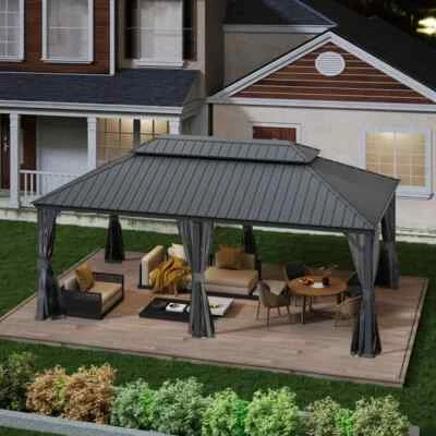 DOMI OUTDOOR LIVING Domi 14x20Ft Hardtop Gazebo Double Roof w/Curtain&Netting,Built-in gutter system