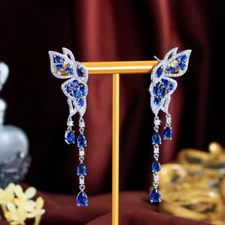 Vivid Silver Plated CZ Blue Extra Long Symmetrical Butterfly Tassel Drop Earring