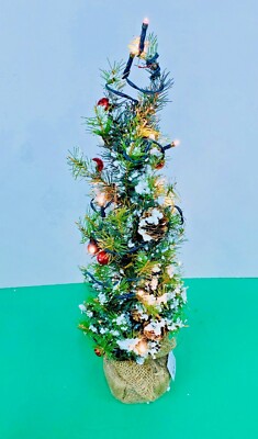 18'' Battery Operated LIGHTED PINE TREE with BERRIES & FLOCKED SNOW Christmas FUN
