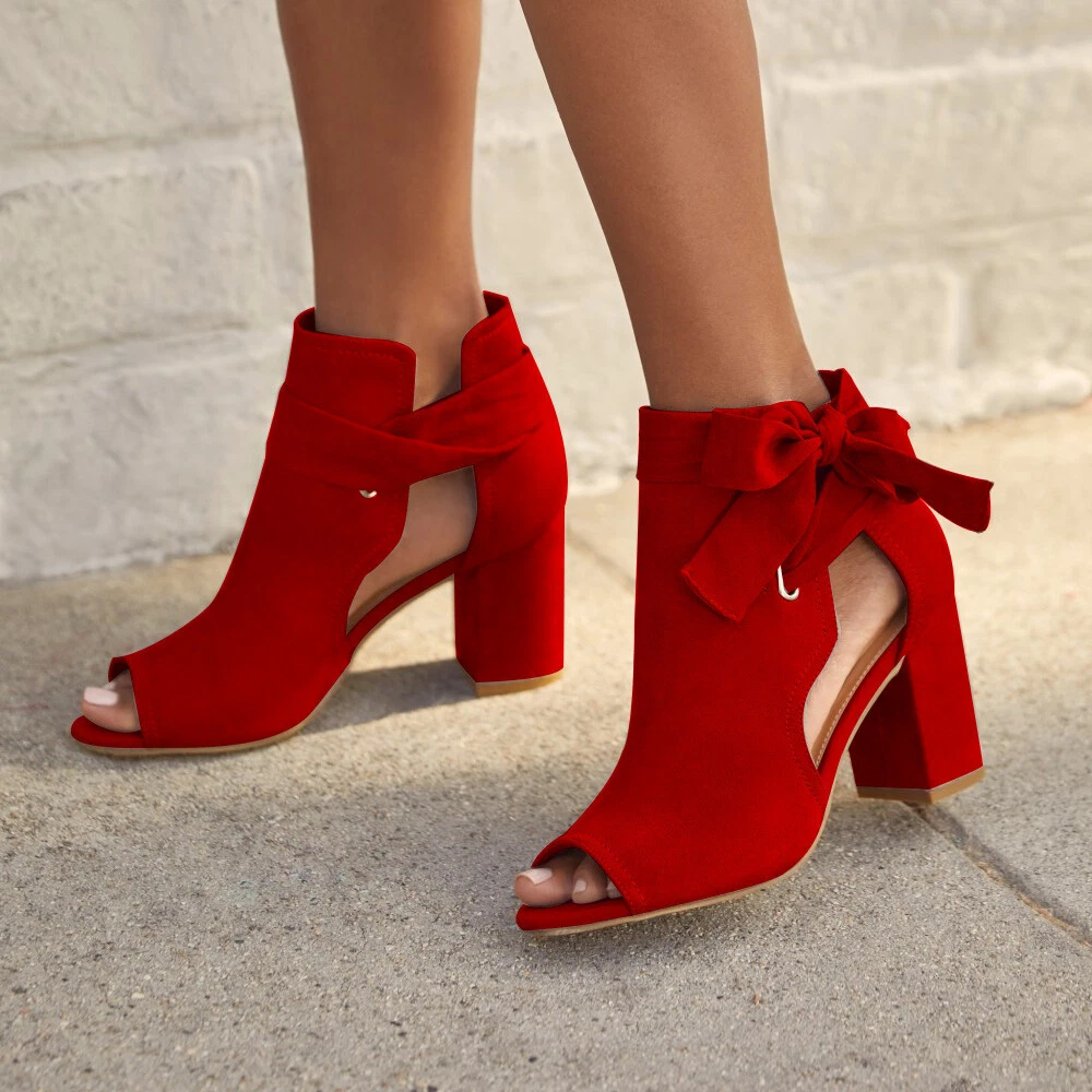 Womens Chunky Mid Heel Peep Toe Sandals Ankle Strap Bow Knots