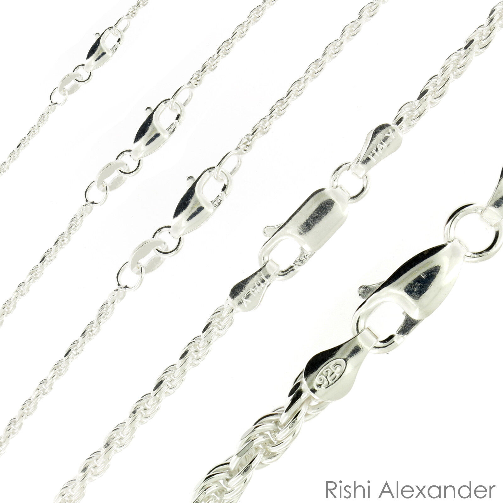 Real Solid Sterling Silver Diamond Cut Rope Chain Mens Boys Bracelet or Necklace