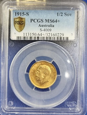 1915 S Australian Sydney Mint 1/2 Half Sovereign PCGS graded Gem Unc MS64+