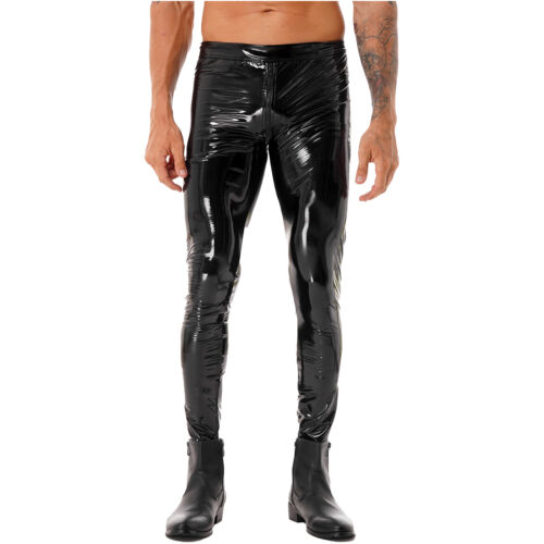 Men's Leather Skinny Pants Zipper Crotch Leggings Tight Motorcycle Biker Pants - Picture 8 of 60