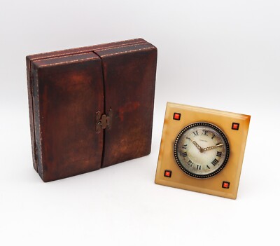 Cartier Paris 1925 Art Deco Enamel Desk Clock In 18Kt Gold Agate