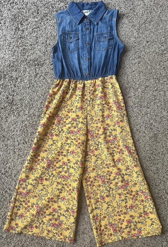 Knit Works Blue Denim Yellow Floral Pantsuit Girls 10 Jumpsuit One-Piece