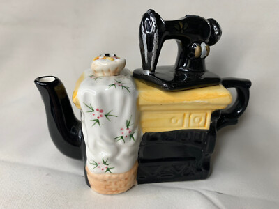 World Bazaar WB Vintage Mini Teapot Sewing Machine Hand Painted 4'' Tall Broken