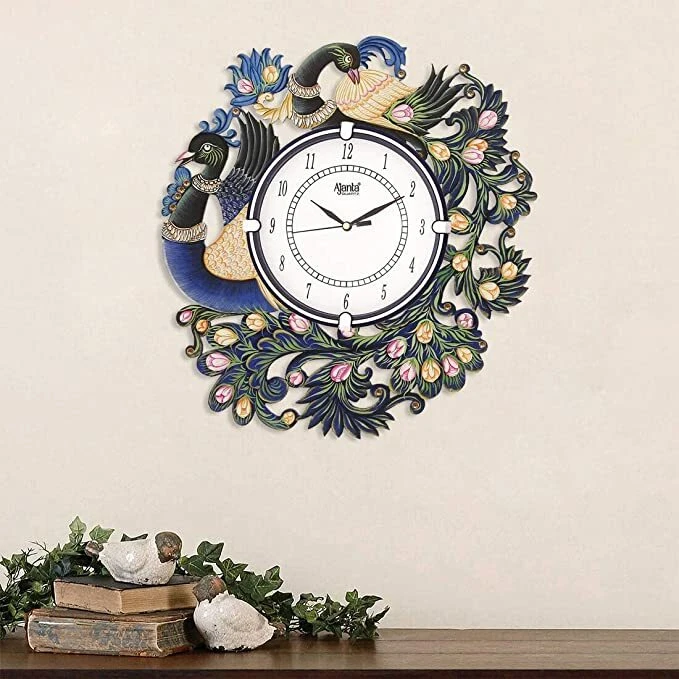 Peacock design wall clock stylish antique wooden watch hand made
