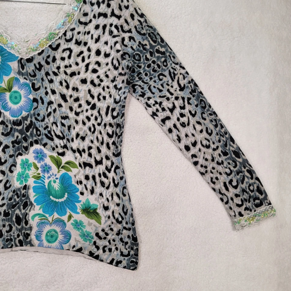Blusa retro Y2K Charlotte Tarantola gris leopardo floral encaje cuentas para mujer M Foto 4 de 4