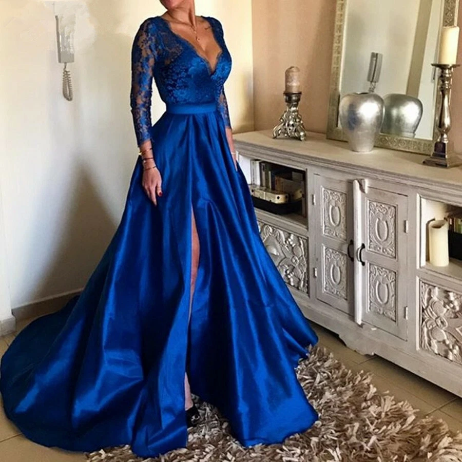 Royal Blue Lace Satin Split Prom Party Evening Dress Celebrity Pageant Gown  New