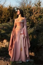Victorian Pink Satin Wedding Dress Vintage Fairy Sleeve Square Neck Waist A-Line