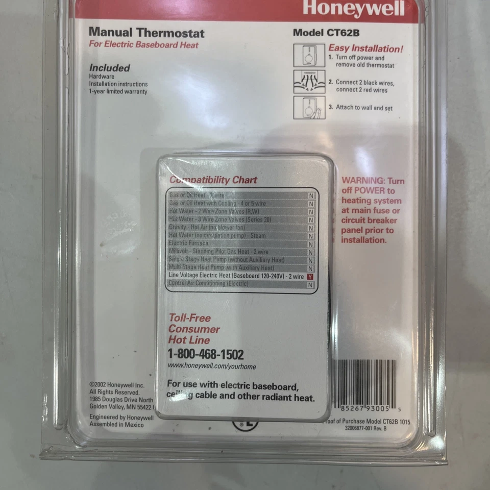 Termostato manual NOS Honeywell para zócalo eléctrico calor CT62B1015 CT62B Foto 3 de 4