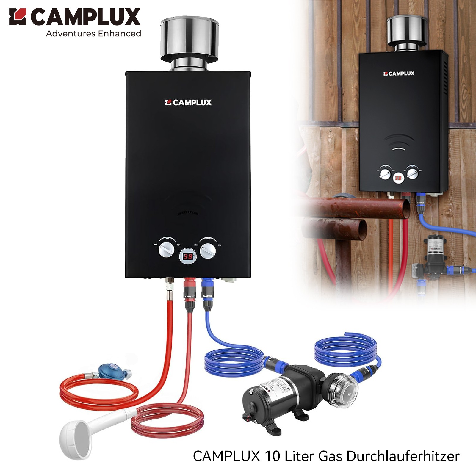 CAMPLUX 10 Liter Gasdurchlauferhitzer mit 12V Wasserpumpe Tankless Campingdusche