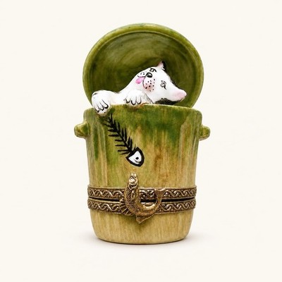 Seltene Sammler Limoges Frankreich Katze Schmuckschatulle Peint Hauptscharnier Porzellan Thunfisch