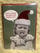 Papyrus Christmas Card 2010 RARE HTF Humor Little Girl Glitter Hat Happy Freakin