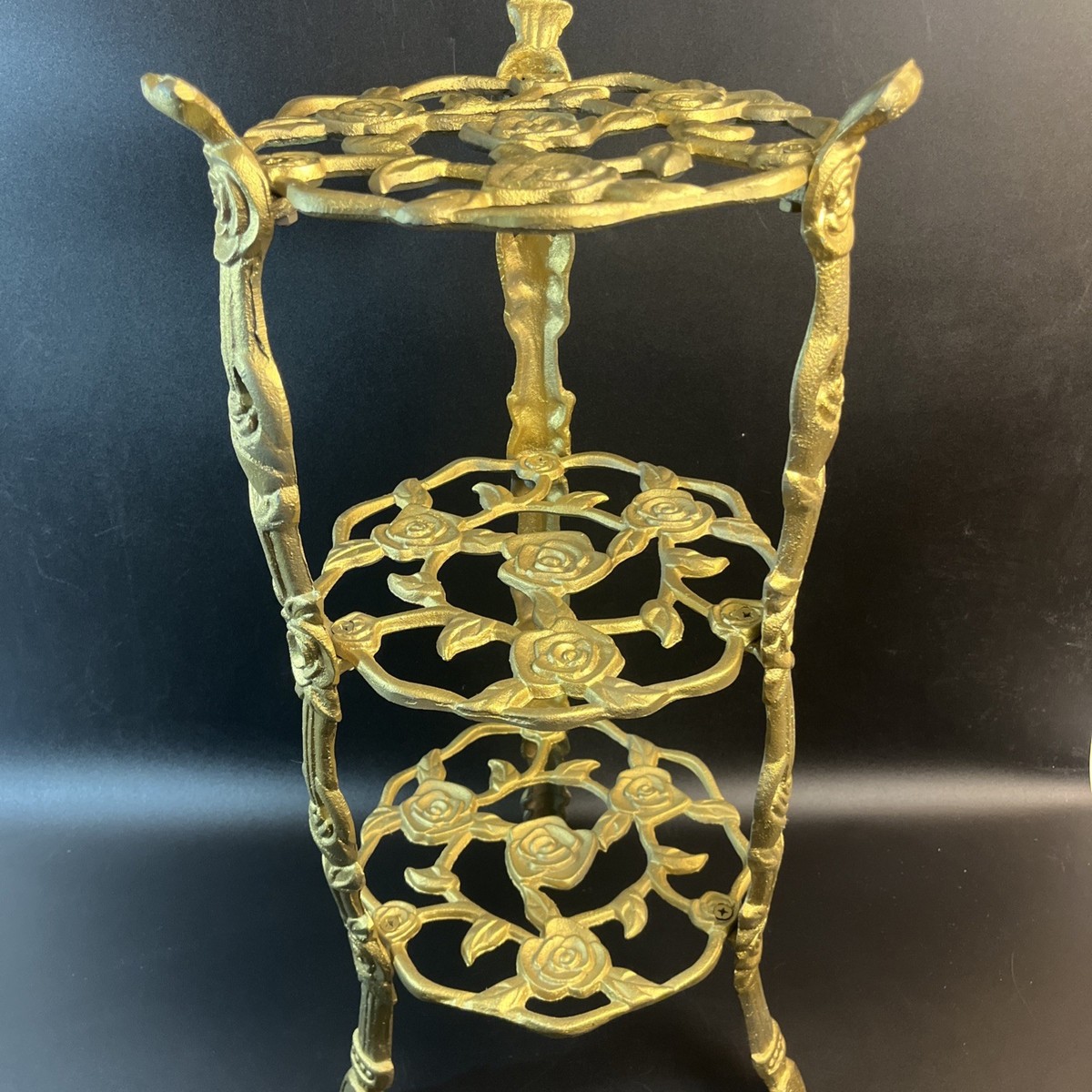 Vtg Gold Cast Metal 3 Tier Plant Stand Side Table Hollywood