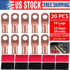 20PCS 1/0 AWG Gauge Copper Lugs W/ BLACK  RED Heat Shrink Ring Terminals Wire