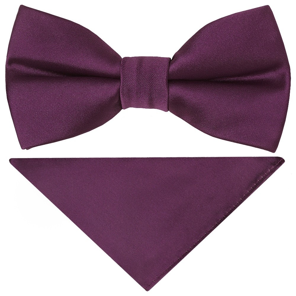 Pre Tied Plum Satin Boys Bow Tie and Pocket Square Set Age 4-7 Kids Wedding Tie