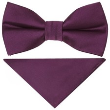 Pre Tied Plum Satin Boys Bow Tie and Pocket Square Set Age 4-7 Kids Wedding Tie