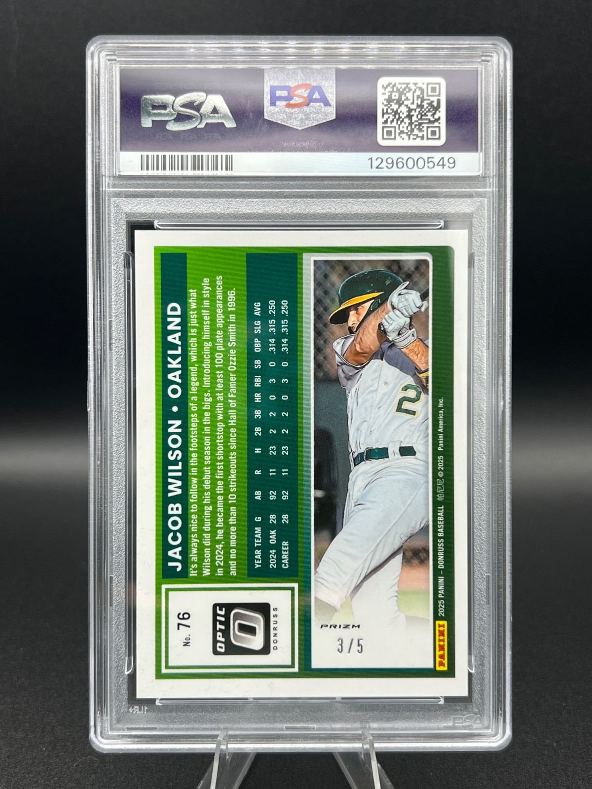 2025 Optic Jacob Wilson /5 Green SSP PSA 9 POP 1 - Athletics view 3