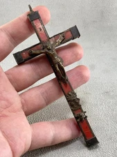 1930s Vintage Catholic Wood Crucifix Brass Corpus Red Inlay Memento Mori Skull