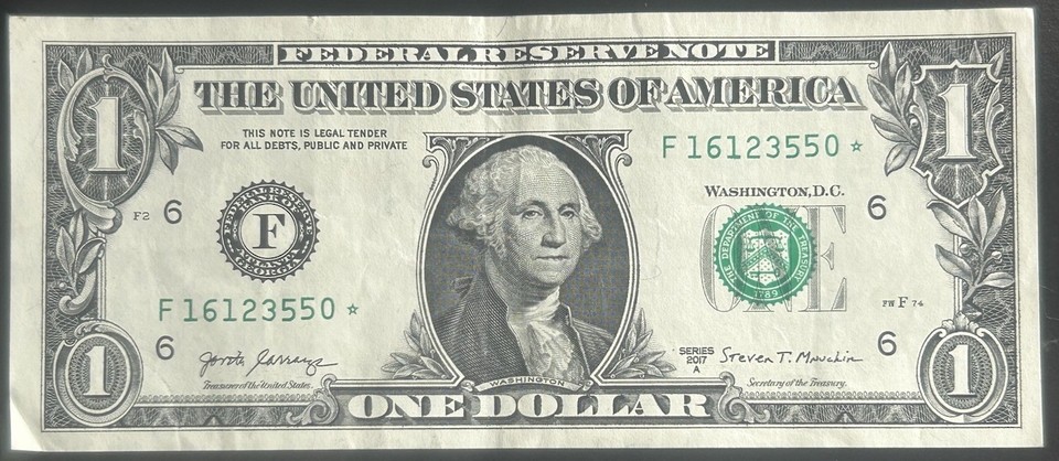 (VERY RARE STAR NOTE!) $1 250K Print Run Star Serial Number F16123550 ...