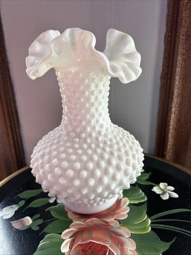 Vintage Fenton White Milk Glass Vase Hobnail Ruffled Double Crimped 10.5" Tall