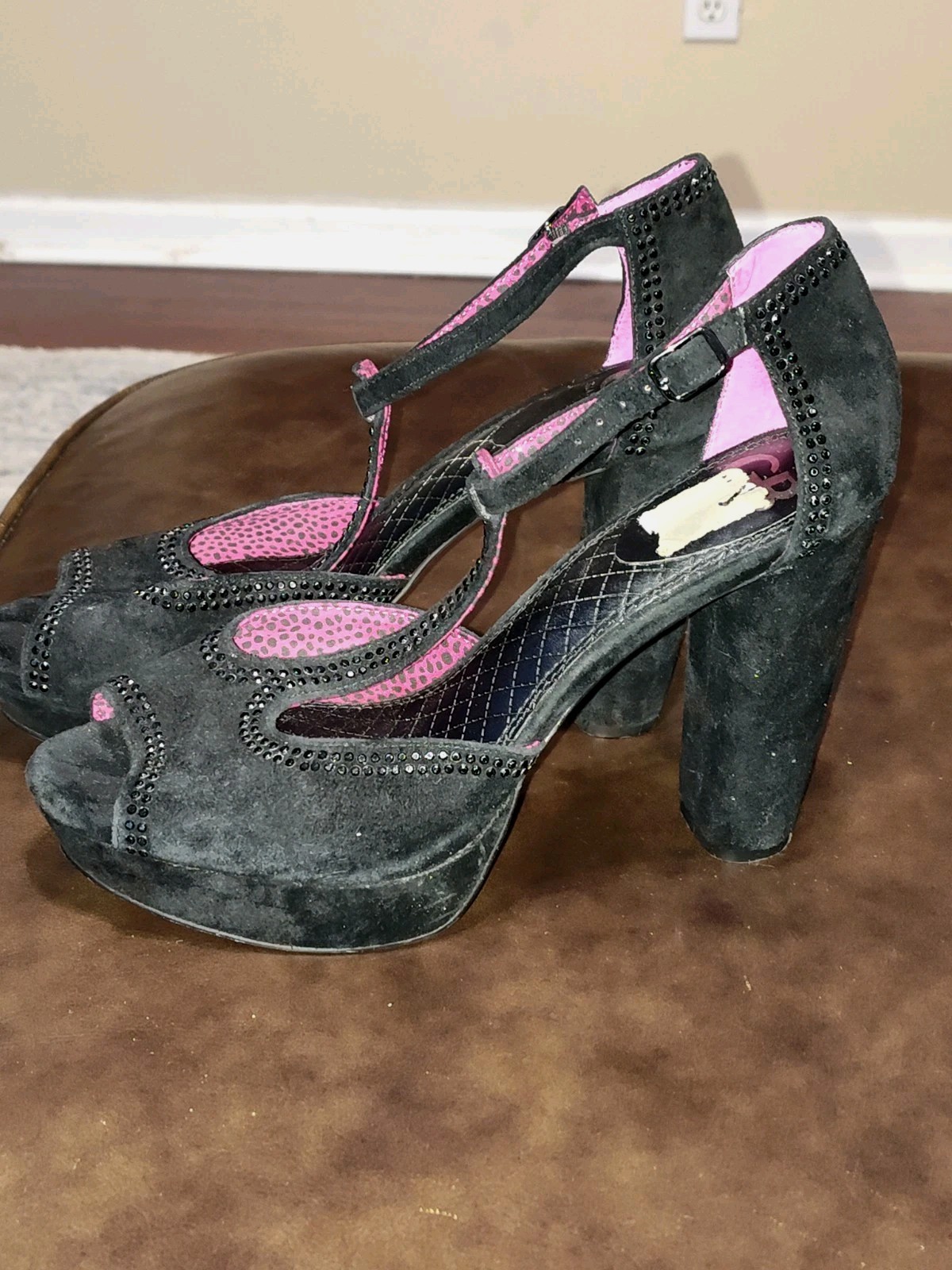 🔥Glamour Gianni Bini Womens Black Suede Peep Toe Stilleto Rhinestone Heels 10 M