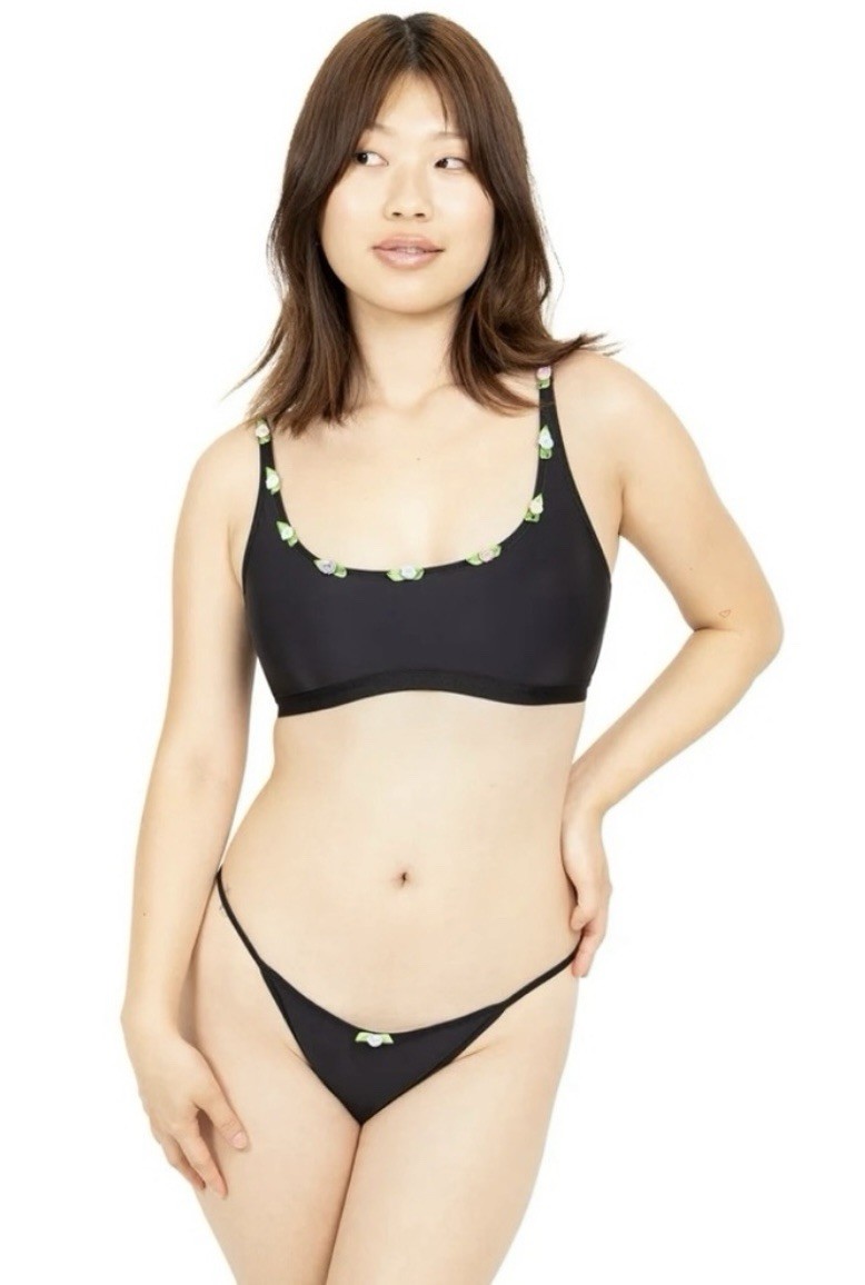 Parade Black Bra & Thong Set XS NWT Floral Trim Wireless Stretch Lingerie