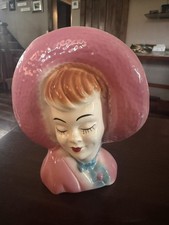 VINTAGE LADY HEAD VASE LARGE PINK HAT Brown B...