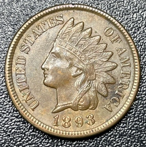 1893 Indian Cent Penny 1c AU About Uncirculated Full Diamonds
