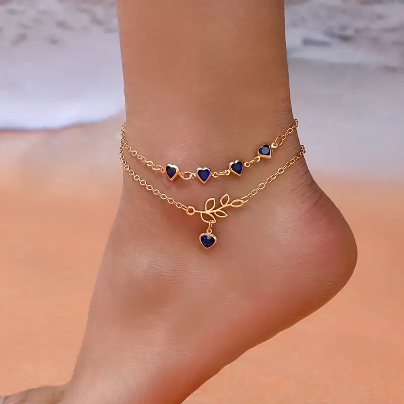 Double Layers Love Heart Pendant Chain Anklet Elegant Ankle Bracelet Foot  Chain