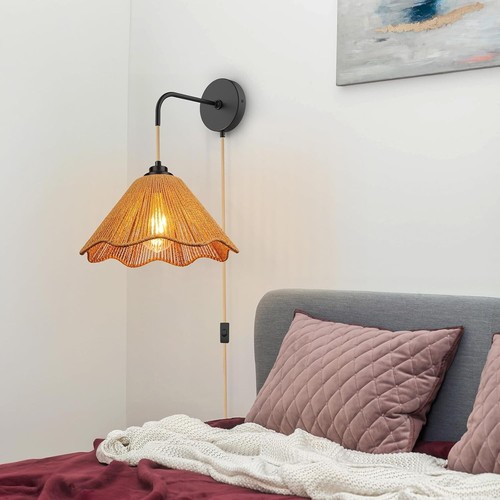 Plug in Wall Sconces Set of Two, Handwoven Boho Wall Decor, Plug in Wall Light - Picture 5 of 7