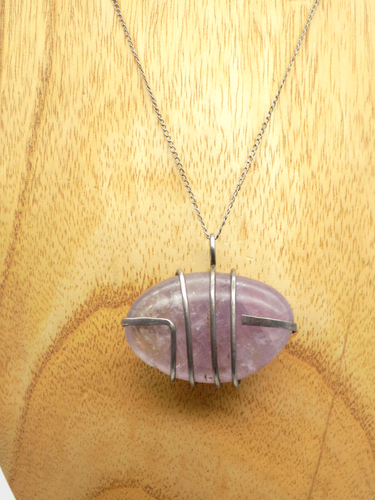 Sterling Silver Purple Amethyst Stone Pendant Necklace Silver Wrap Modernist - Picture 2 of 7