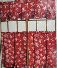 3 pc Curtains Set: 2 Tiers  Valance 58" x 14" CHRISTMAS, SNOWFLAKES ON RED,BH