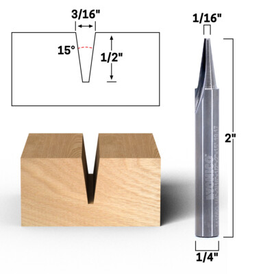 15Â° Flat Point V Groove Engraving Carbide Router Bit 1/4'' Shank Yonico 14105q