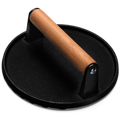 7'' Cast Iron Burger Press, Heavy-Duty Smash Bacon Meat Press, Wood Handle