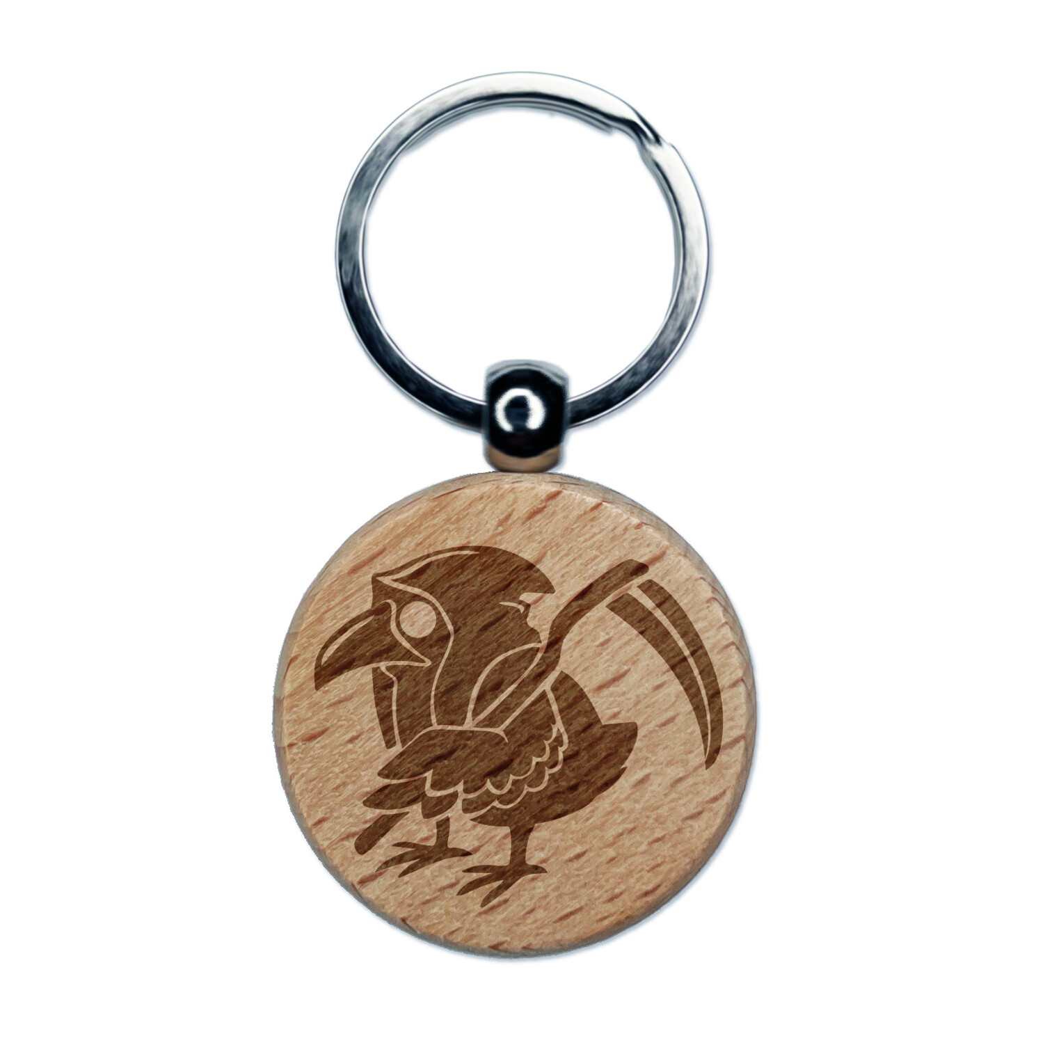 Reaper Raven Hood Scythe Engraved Wood Round Keychain Tag Charm