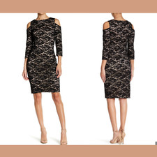NEW $168 Eliza J Lace Cold Shoulder Lace Black [ SZ 4 ] #Q36